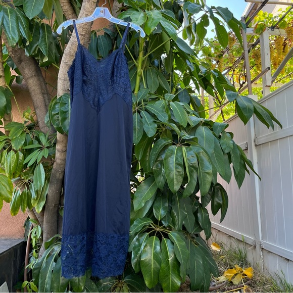 Vintage Dresses & Skirts - vintage vanity fair navy blue maxi lingerie slip dress with lace detailing